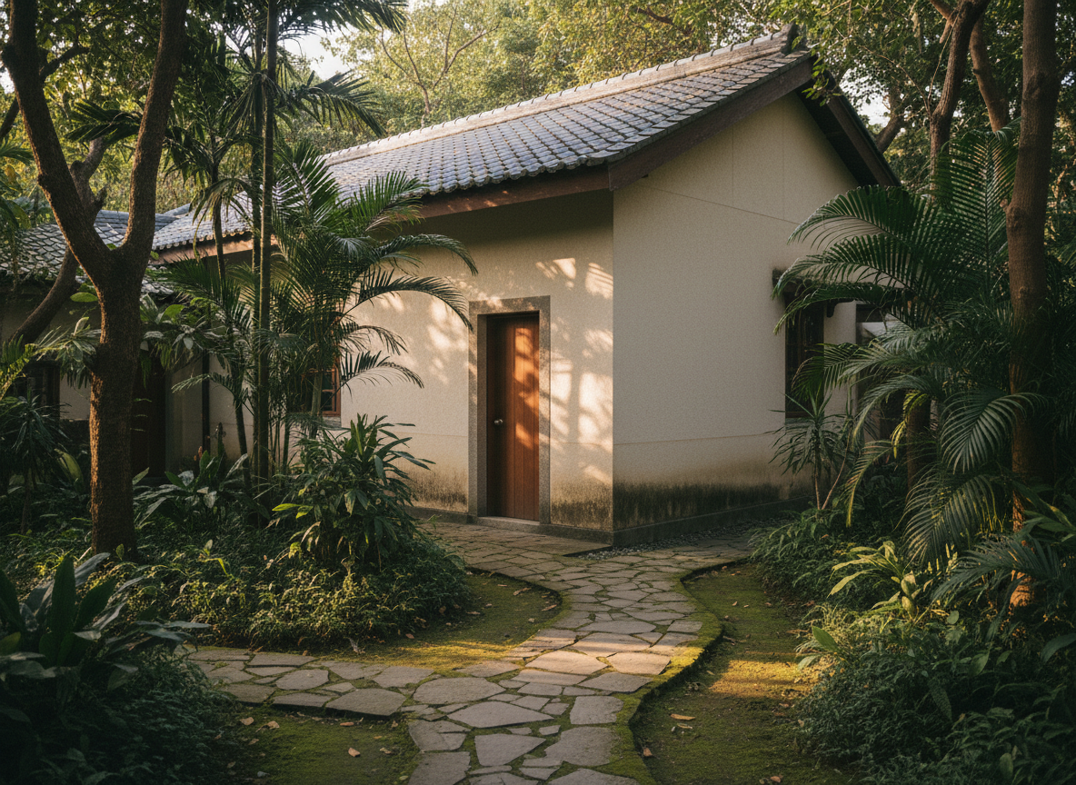 A quiet exterior corner of a Buddhist retreat center in Wanluan, Pingtung, showing a simple cream-colored building with a tiled roof, partially framed by lush tropical greenery. A narrow stone path leads toward a modest side entrance, with moss softening the edges of the paving stones. Late afternoon golden light filters through nearby trees, dappling the wall with moving patterns and creating a tranquil interplay of light and shadow. The photograph is composed with the path on the lower third, drawing the eye inward. The mood is serene, sophisticated, and grounded, suggesting a sanctuary where practitioners learn to live in the present and rest the restless mind.
